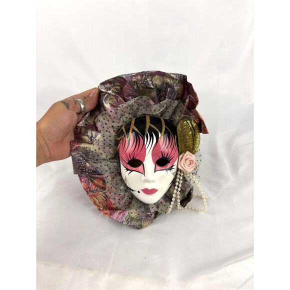 Vintage 1980s Mardi Gras Wall Mask 8" Pink Style Wall Hanging Decor Fabric - Picture 11 of 14